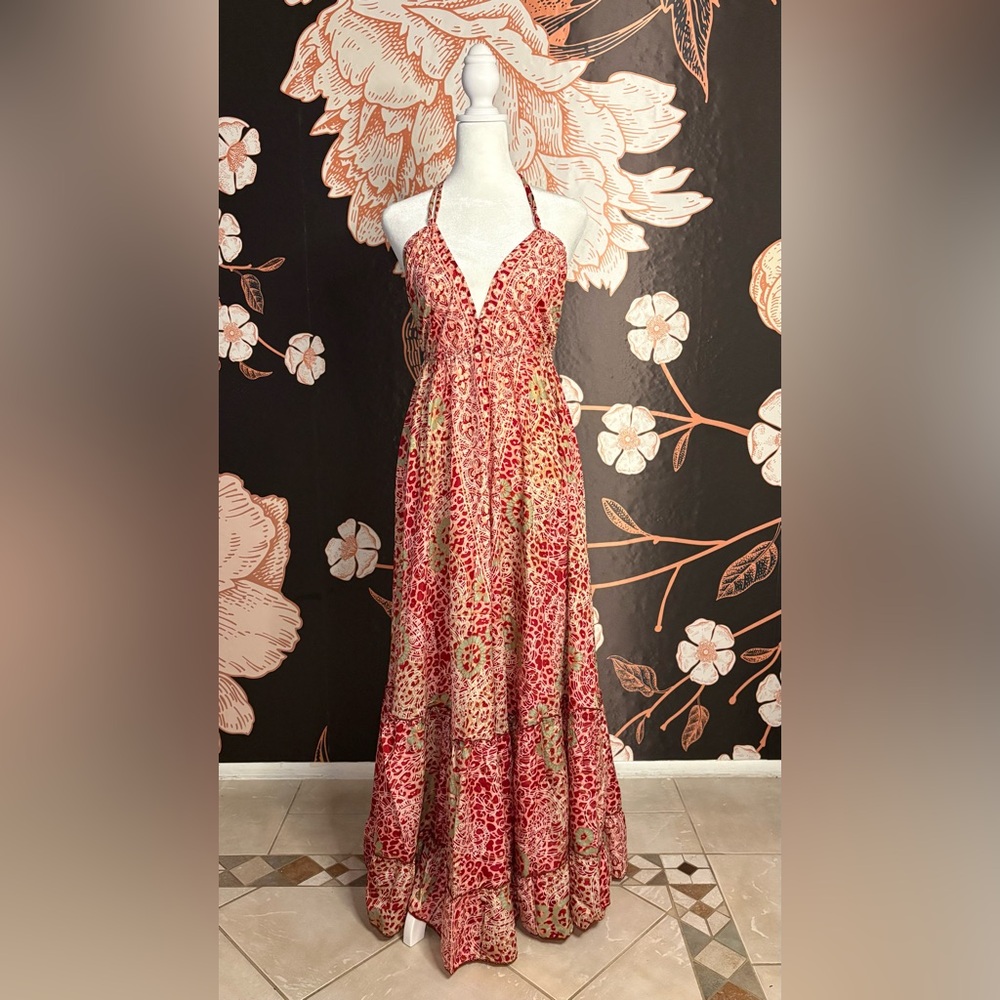 FLIRTY Silk Blend Open Back Halter Tropical Beach Maxi Dress